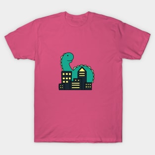 cute giant green monster brachiosaurus in the city T-Shirt